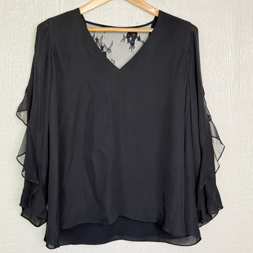 Parker Black 100% Silk Lace Inset Ruffle Sleeve V-Neck Blouse Womens Medium